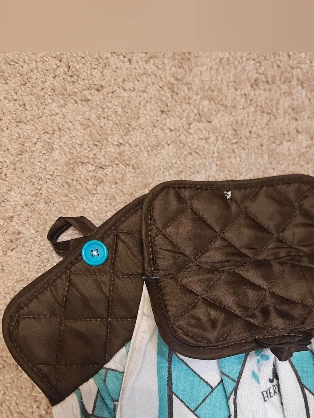 2 Handcrafted Potholders Attached To Towels | Brown, White + Teal | Chevron